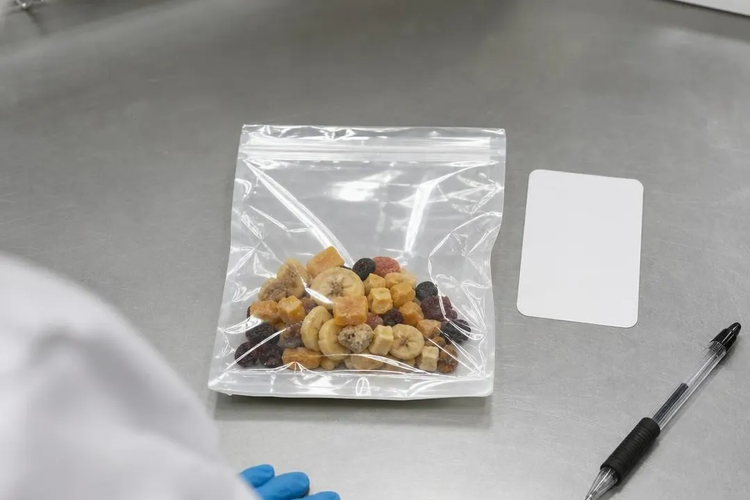 封样袋中留存的果干样品与旁边的记录用标签纸,标签为空白