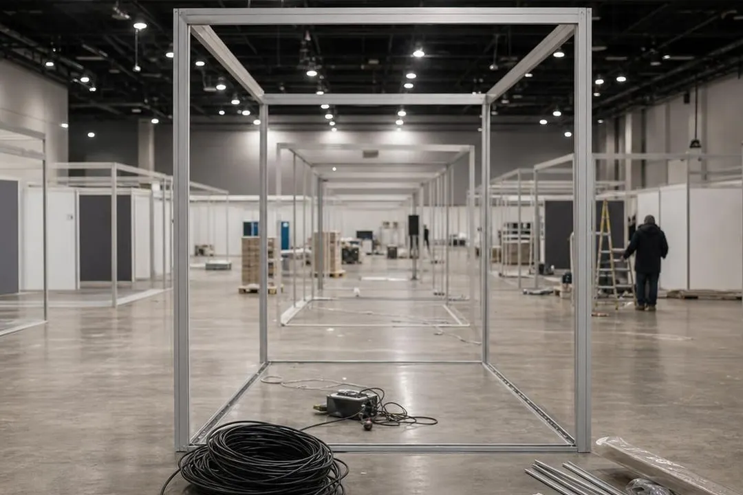 布展前空旷的会展大厅,裸露的模块化展位骨架与地面盘绕的线缆